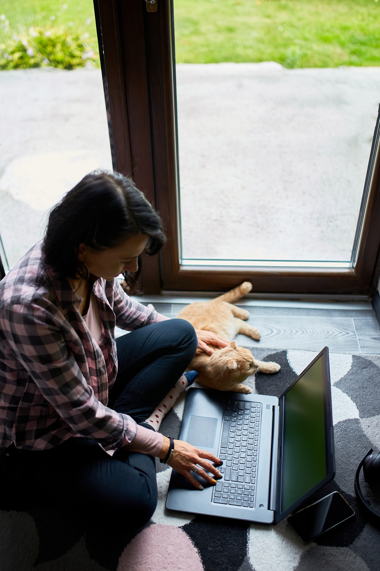 Woman searching vet website on laptop to register cat for veterinary consultation